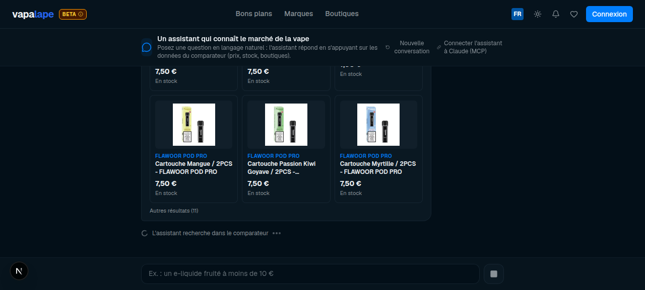 Réponse de l'assistant avec prix, stock et tendance