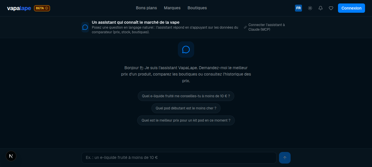 Page d'accueil de l'assistant IA Vapalape