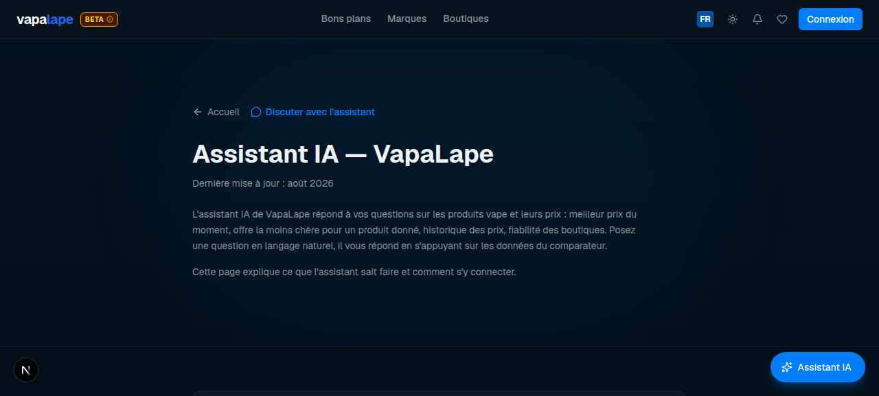 Page de connexion MCP de l'assistant Vapalape